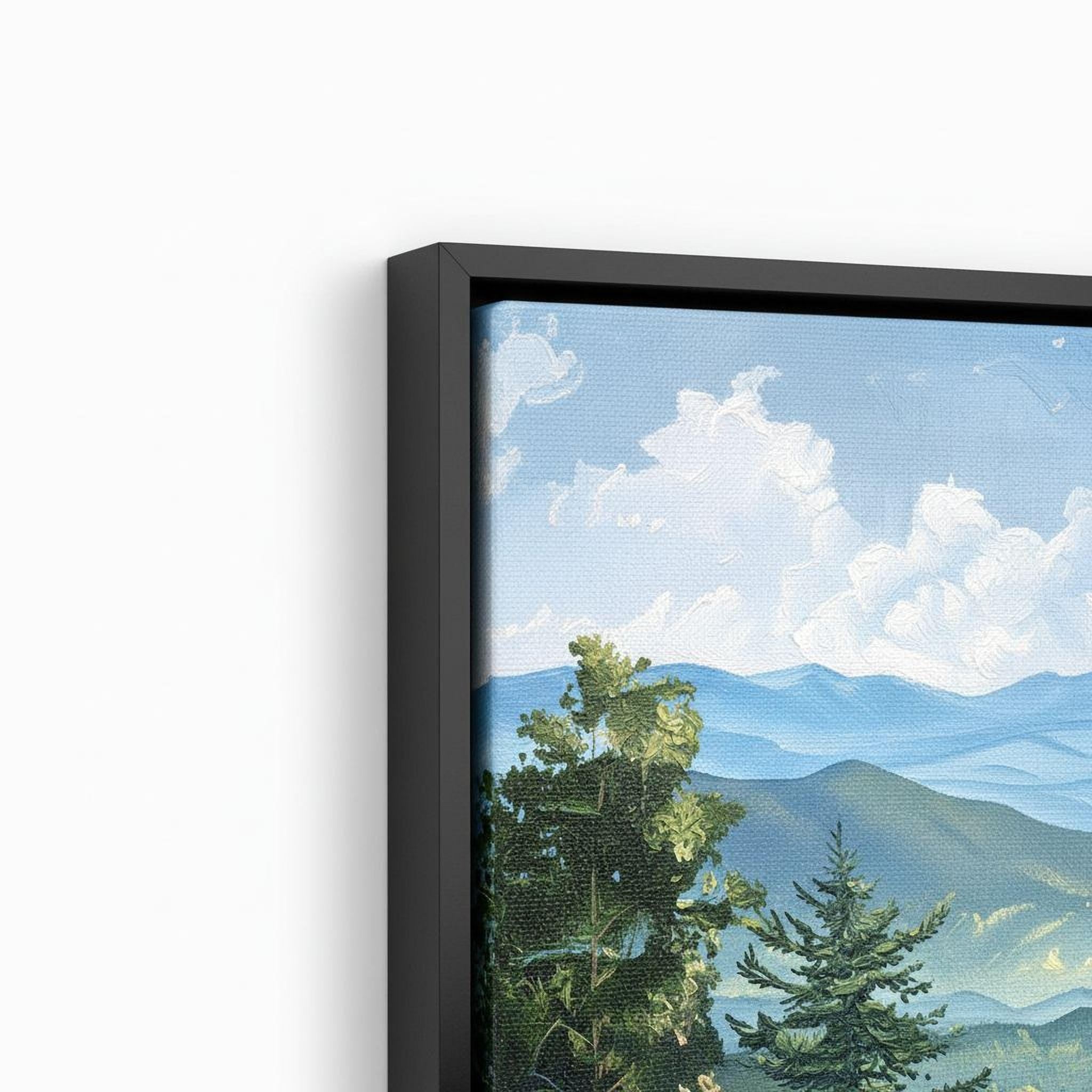 The image is a framed painting depicting a scenic landscape with mountains, trees, and a cloudy sky.