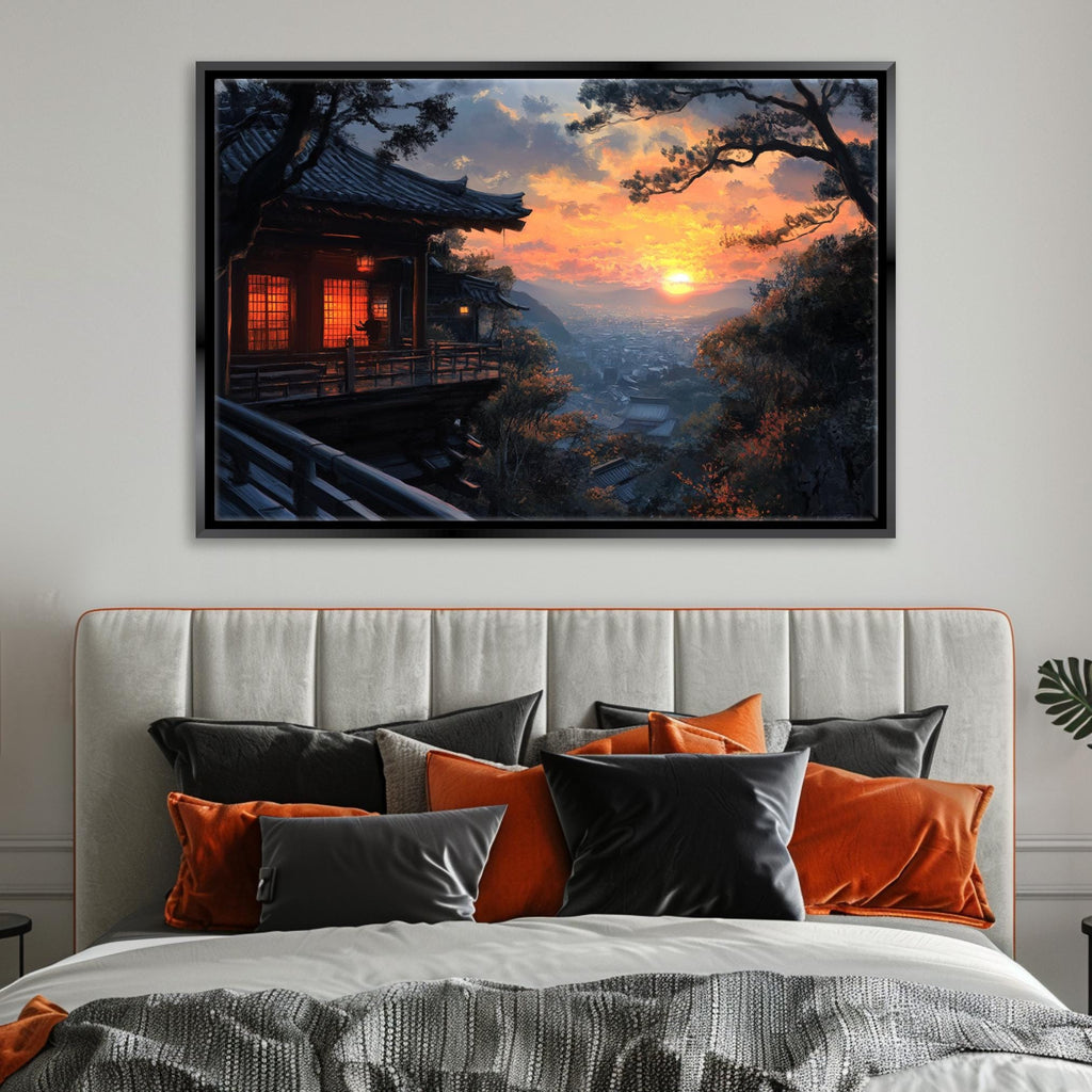 a bedroom with a bed and a painting on the wall
