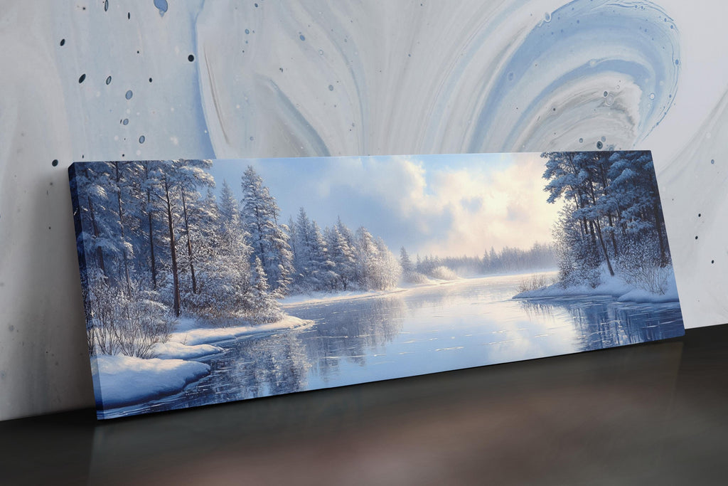 a painting of a snowy lake with trees