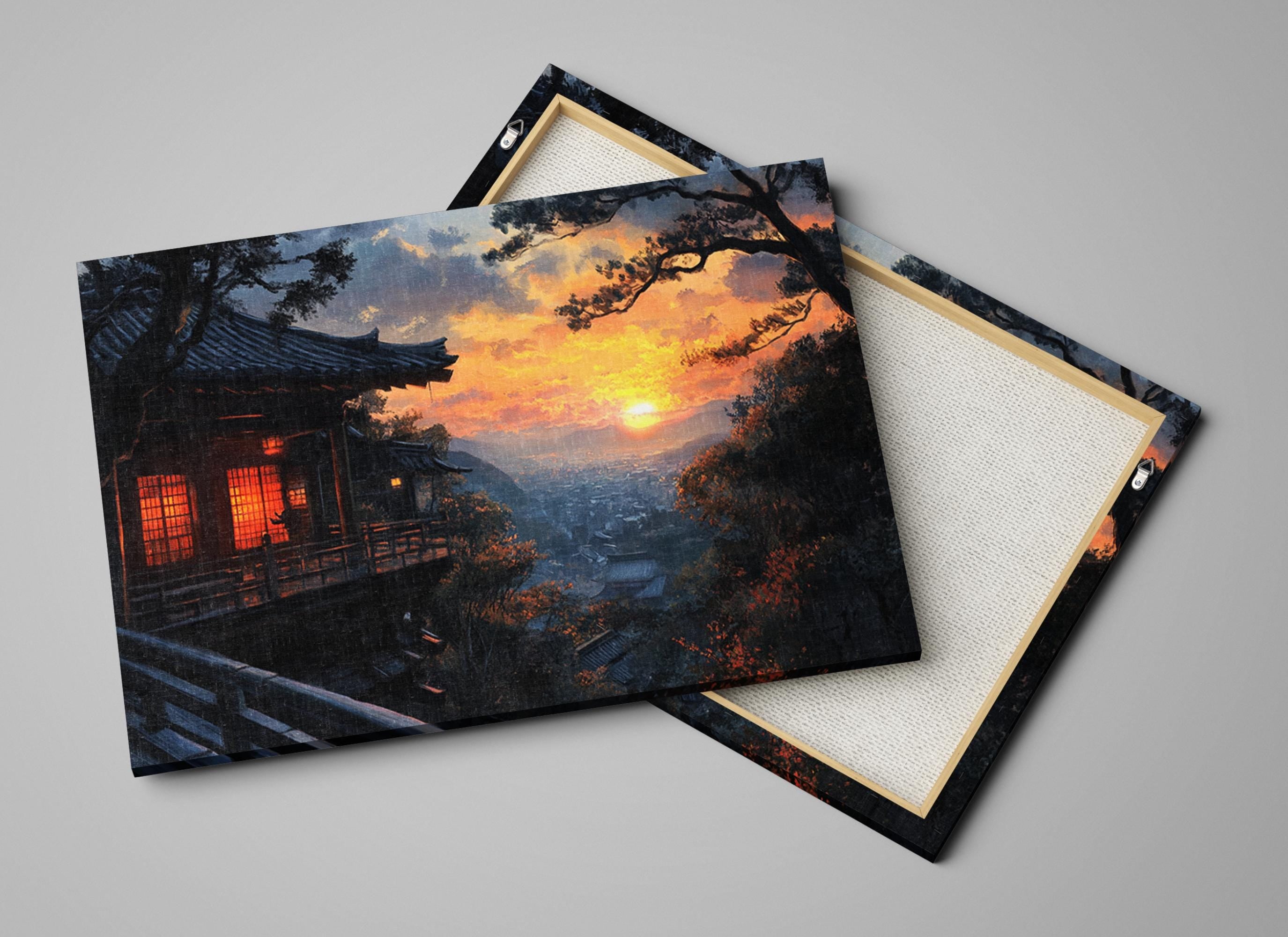 a couple of paintings of a sunset on a wall
