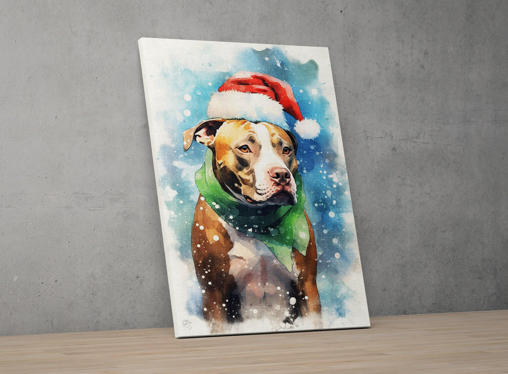 Festive Pitbull in Santa Hat Watercolor Art Print, Giclee Print on Canvas, Artist Paper, Watercolor Paper, Available in Extra Large Sizes