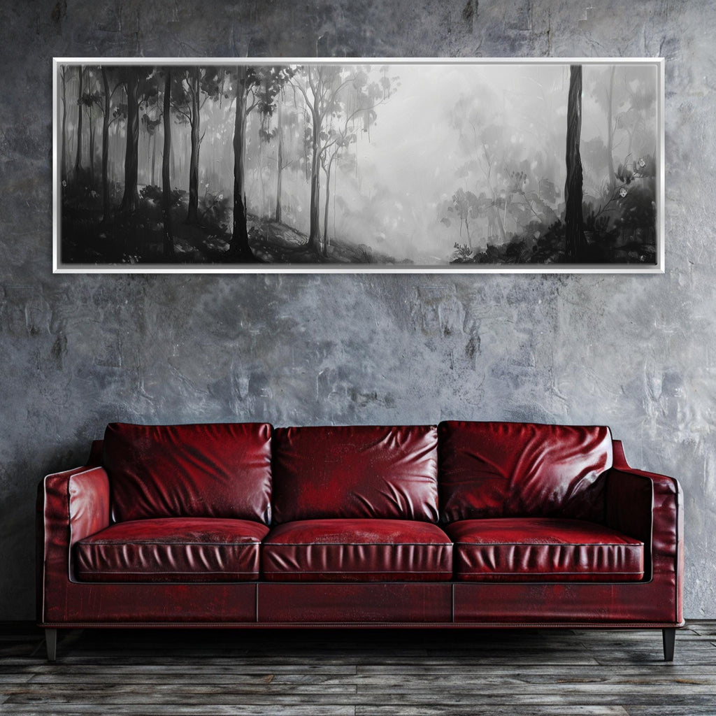 a living room with a red couch and a painting on the wall