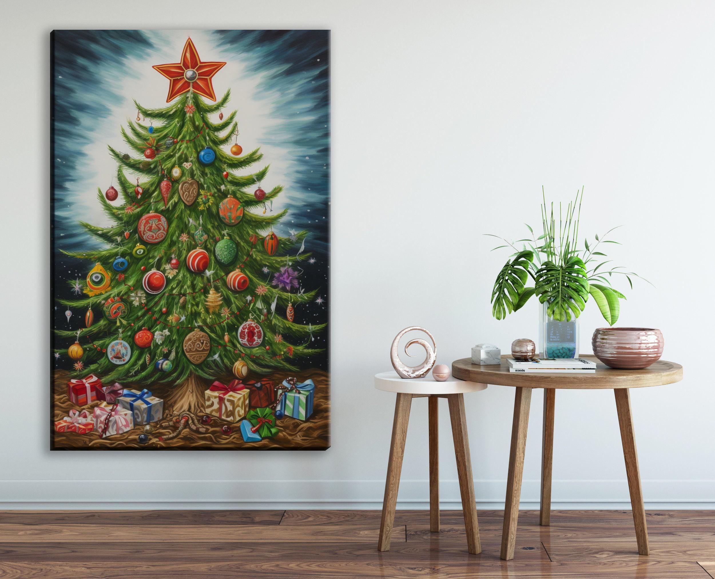 Christmas Tree Illustration - Whimsical Holiday Art on Gallery Wrapped Canvas, Extra Large