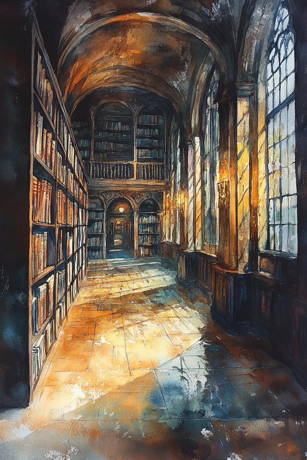 a grand library with a long, arched hallway lined with bookshelves on both sides. The walls are adorned with large windows that allow natural light to flood the space, creating a warm and inviting atmosphere. The overall scene conveys a sense of tranquility and intellectual pursuit.