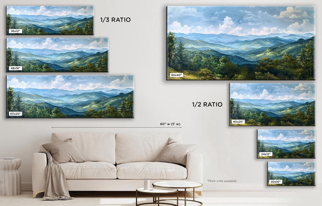 a living room with a white couch and paintings on the wall