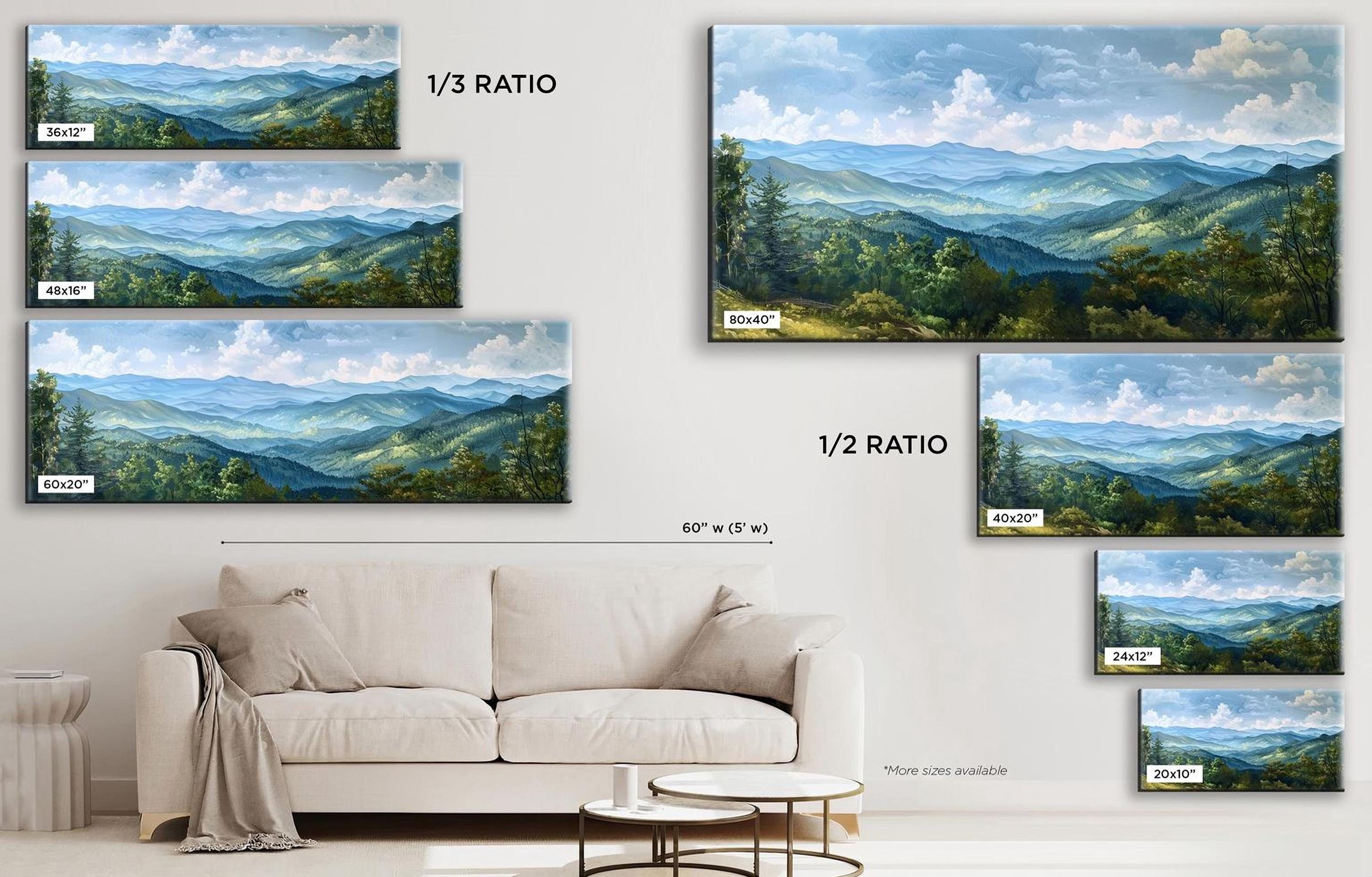 a living room with a white couch and paintings on the wall