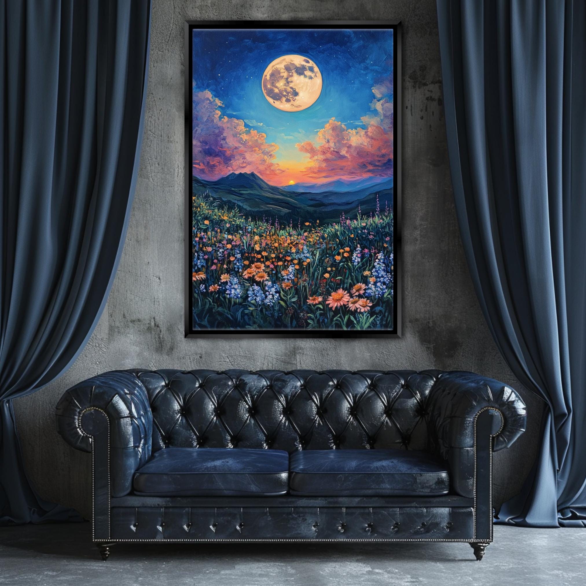a living room with a couch and a painting on the wall