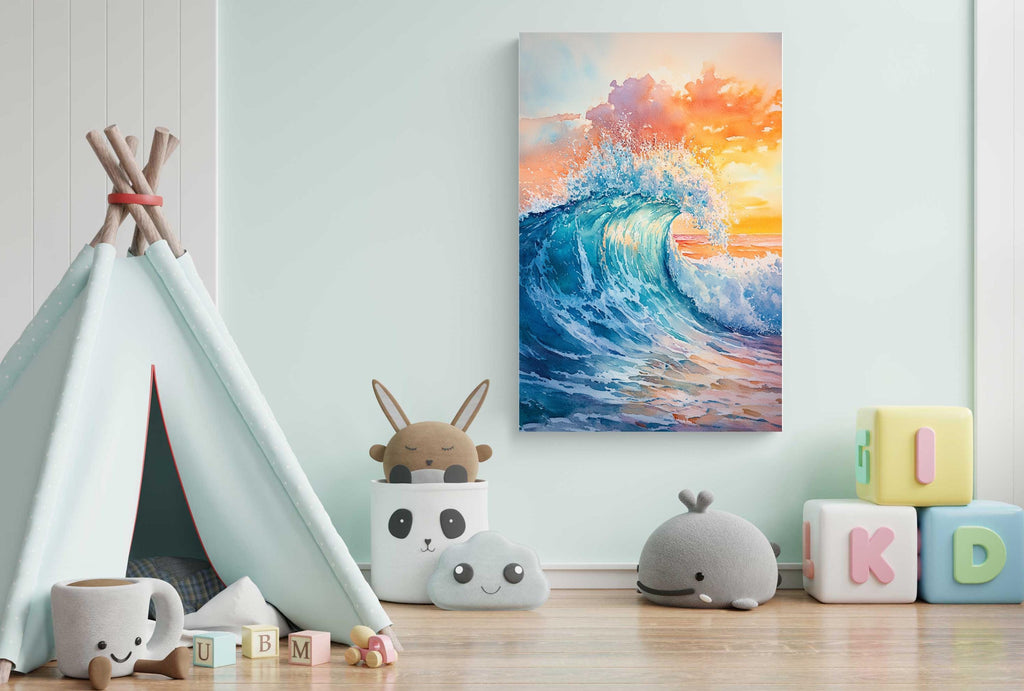 A colorful painting of a crashing wave is displayed on the wall, surrounded by a teepee, stuffed animals, and alphabet blocks in a child's bedroom.