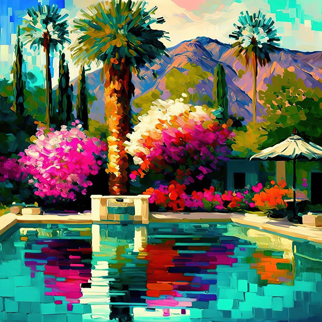 Palm Springs Canvas Print - Vibrant Colorful Pool Scene Painting on Gallery-Ready Canvas