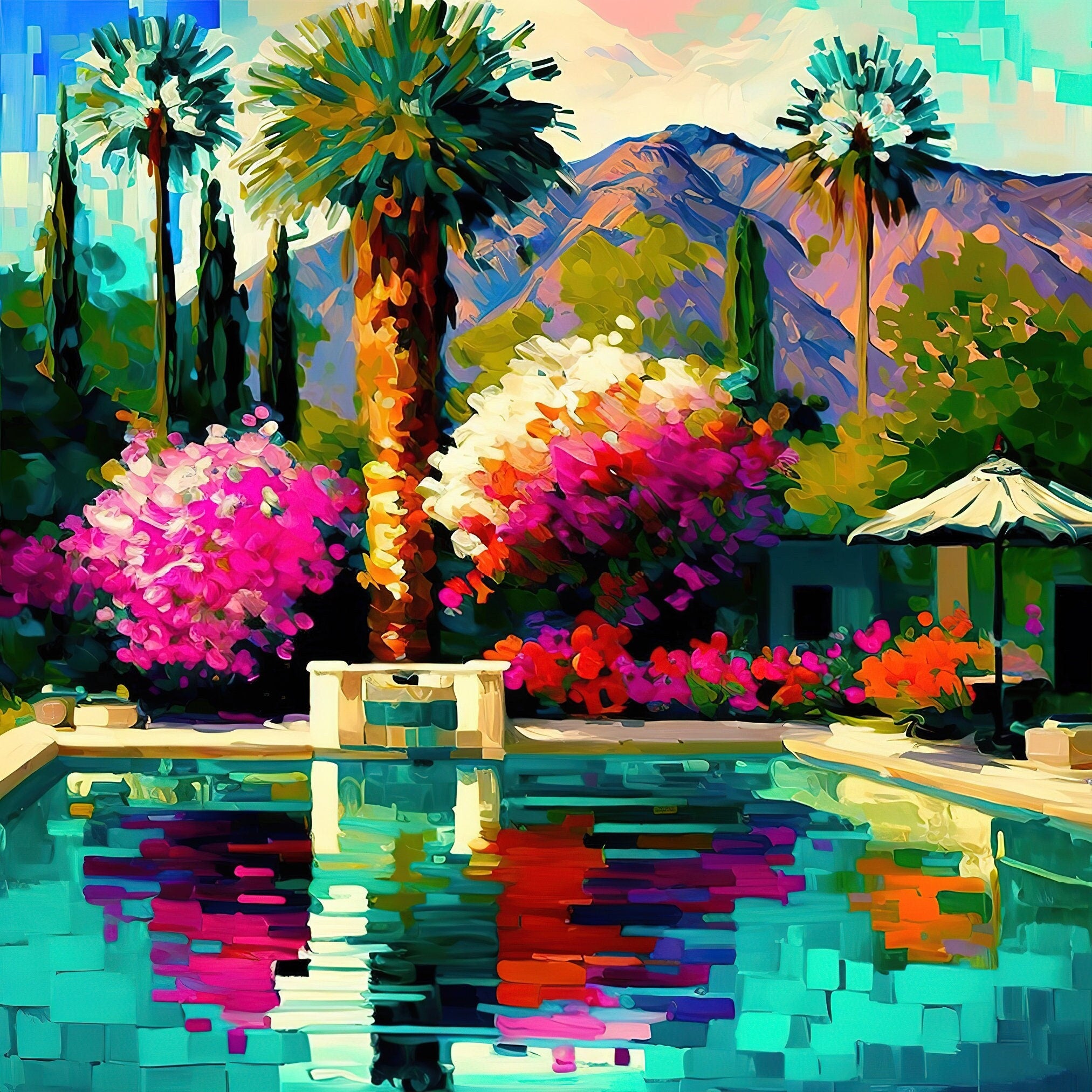 Palm Springs Canvas Print - Vibrant Colorful Pool Scene Painting on Gallery-Ready Canvas