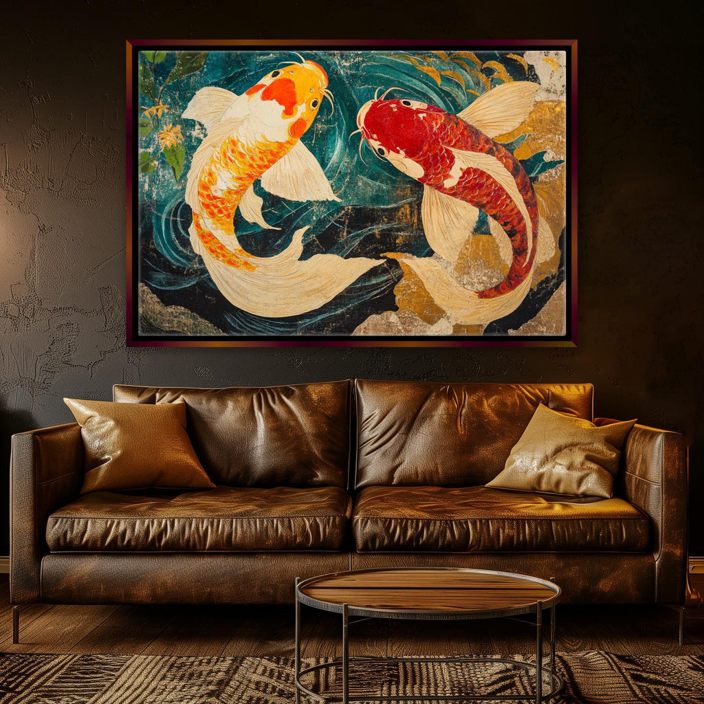 a living room with a couch and a painting on the wall