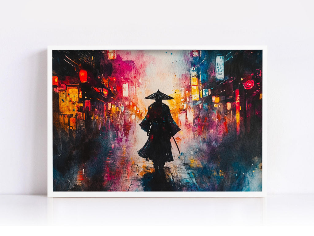 The image is a painting depicting a person in a traditional Asian outfit walking down a city street at night, with colorful lights and buildings in the background.