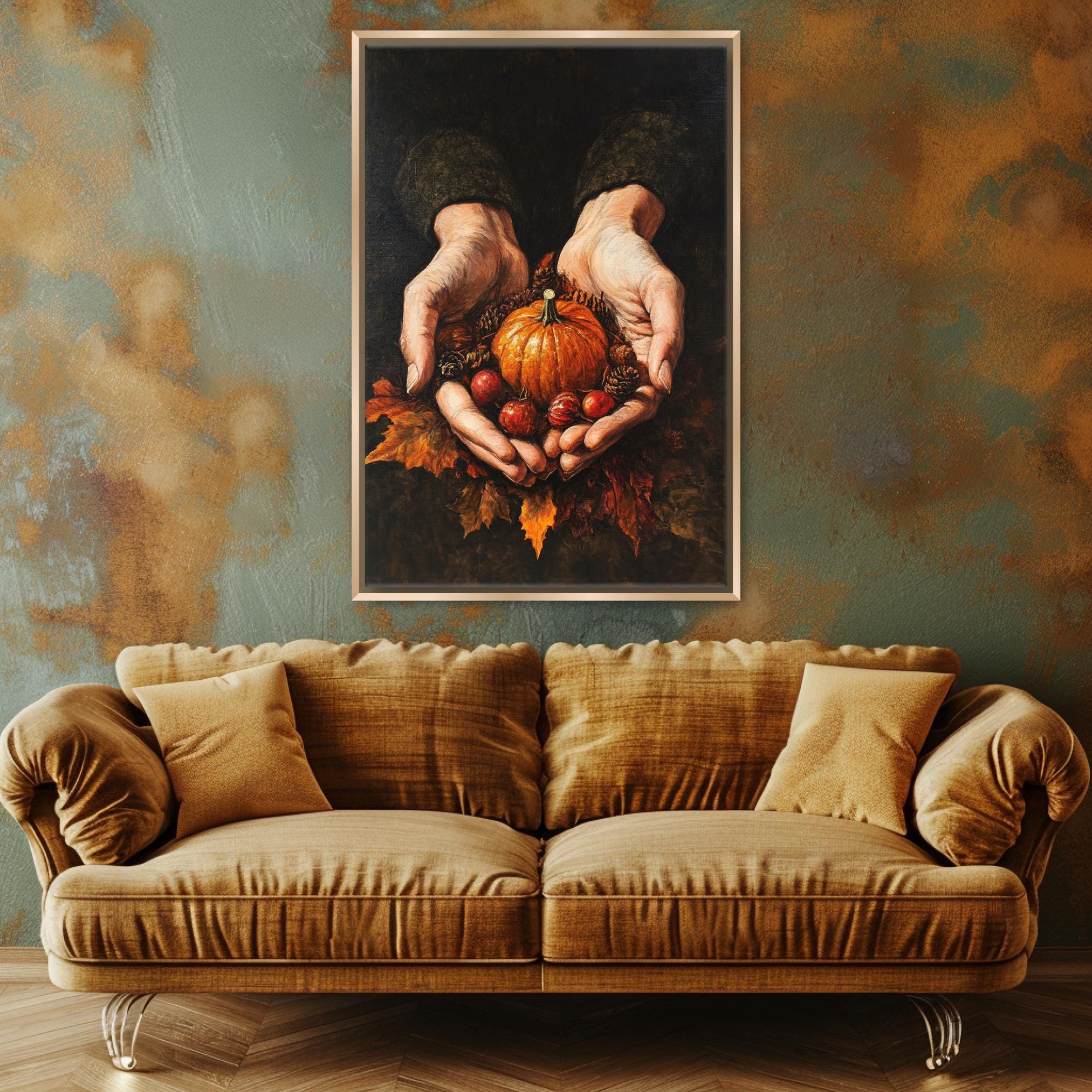 A framed painting of a pair of hands holding a pumpkin and autumn leaves is displayed on a wall above a beige sofa in a room.
