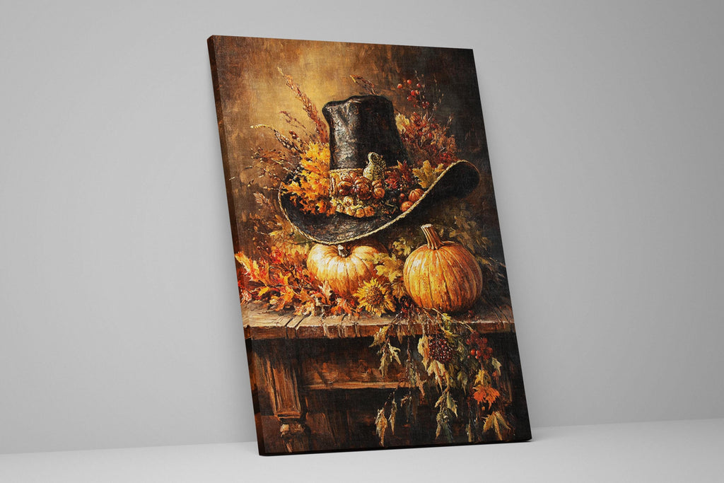 The image is a painting depicting a rustic scene with a cowboy hat, two pumpkins, and autumn leaves on a wooden surface.