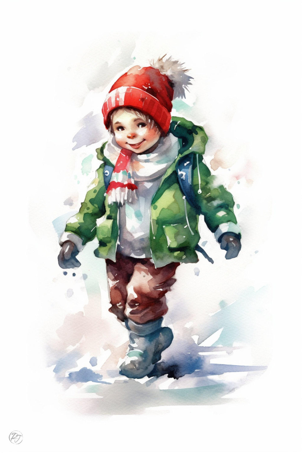 Joyful Christmas Child - Festive Holiday Watercolor, Giclee Print on Canvas, Artist Paper, Watercolor Paper, Available in Extra Large Sizes