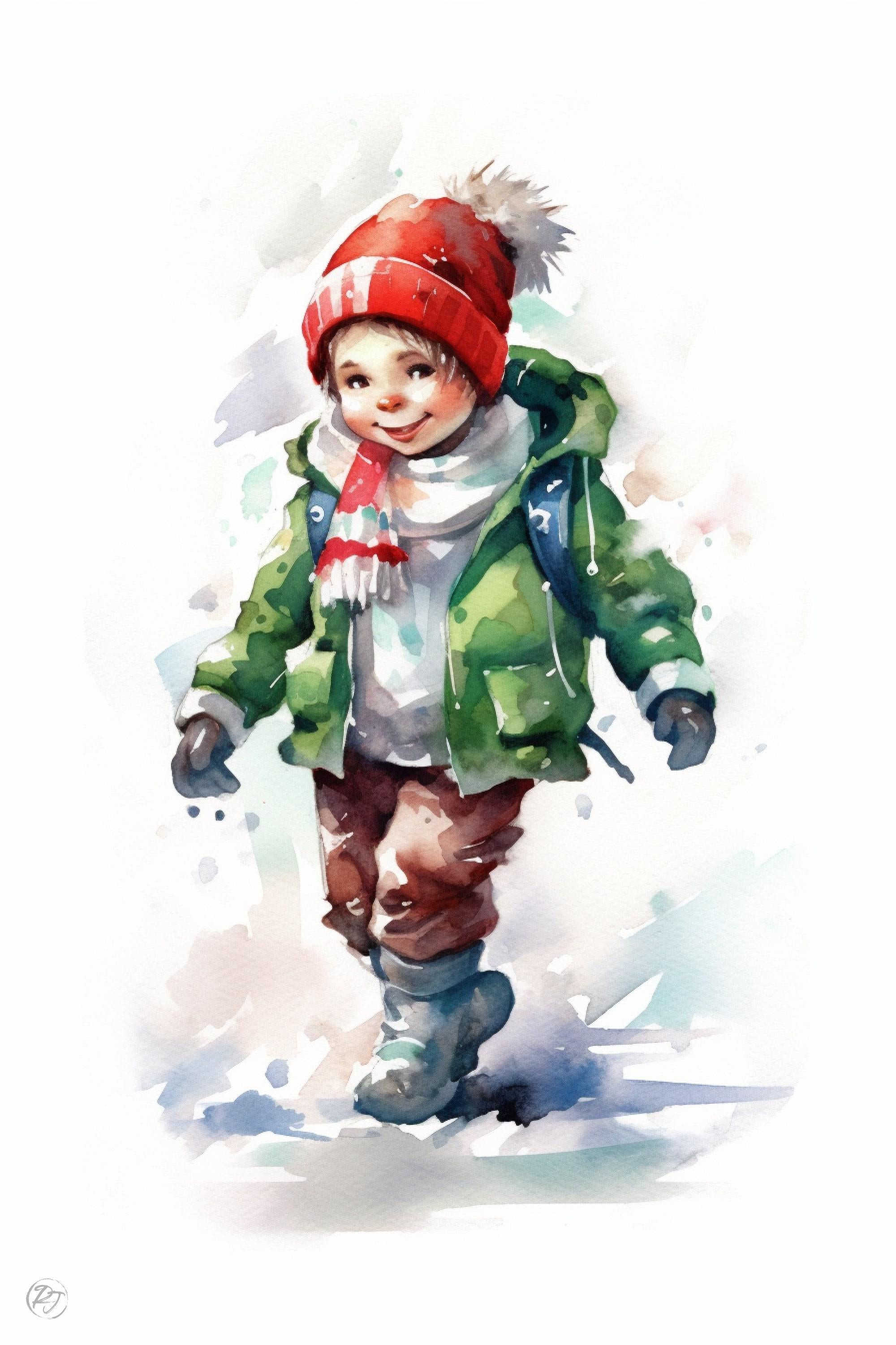 Joyful Christmas Child - Festive Holiday Watercolor, Giclee Print on Canvas, Artist Paper, Watercolor Paper, Available in Extra Large Sizes