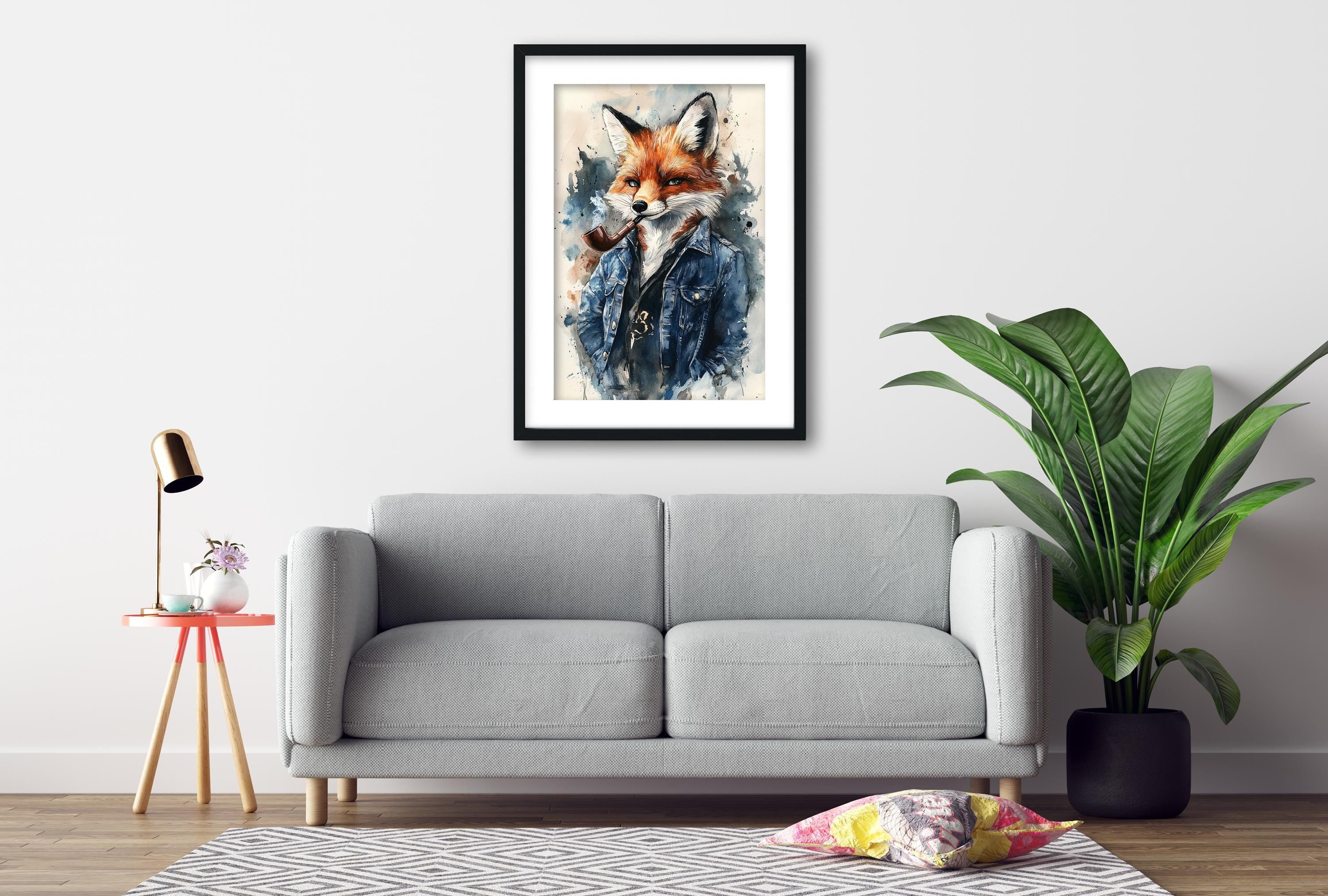 a gray sofa, a framed painting of a fox, a small table with a lamp, and a potted plant, all arranged in a living room setting.