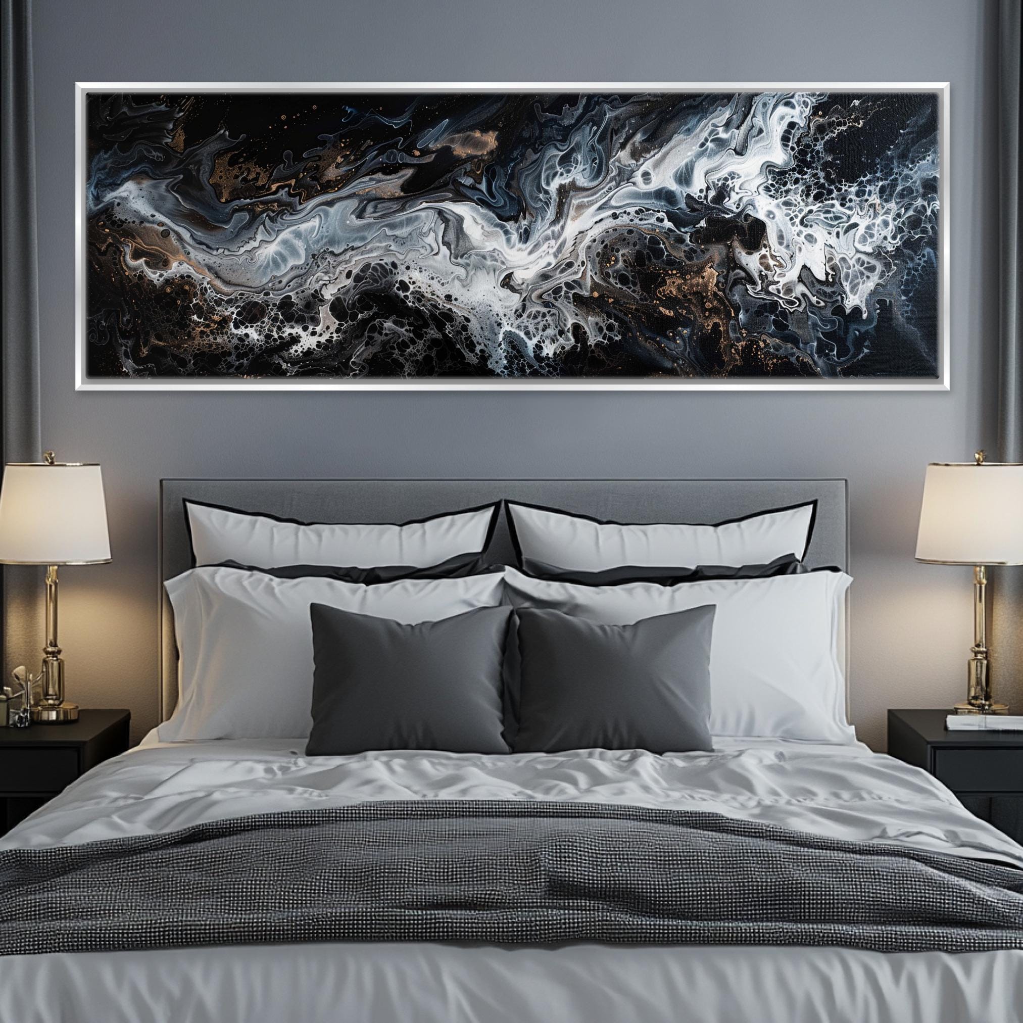 a bedroom with a large painting on the wall above the bed