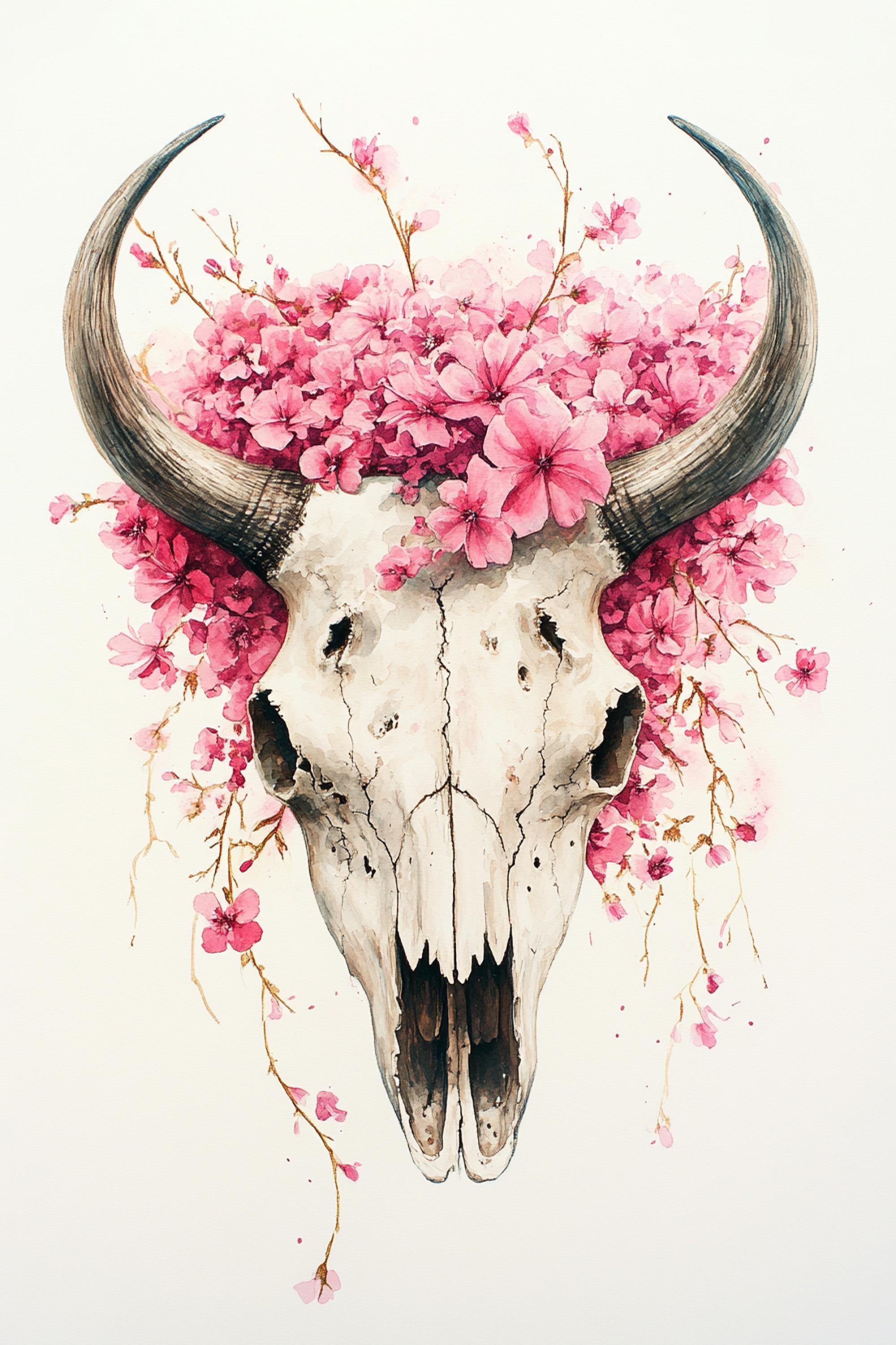 A white skull adorned with pink flowers and branches, creating a striking and visually appealing composition.