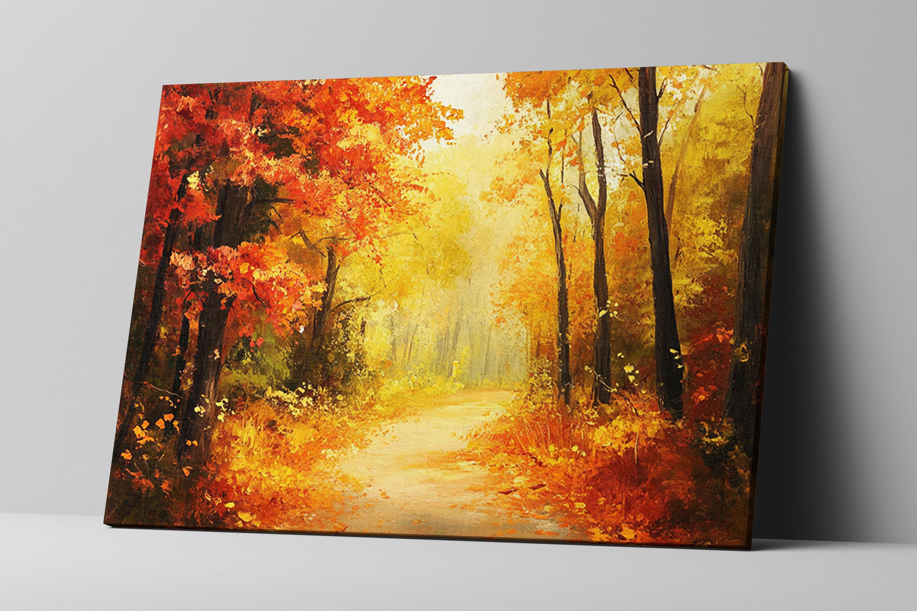 a serene autumn forest scene with a winding dirt path surrounded by vibrant orange and yellow foliage.