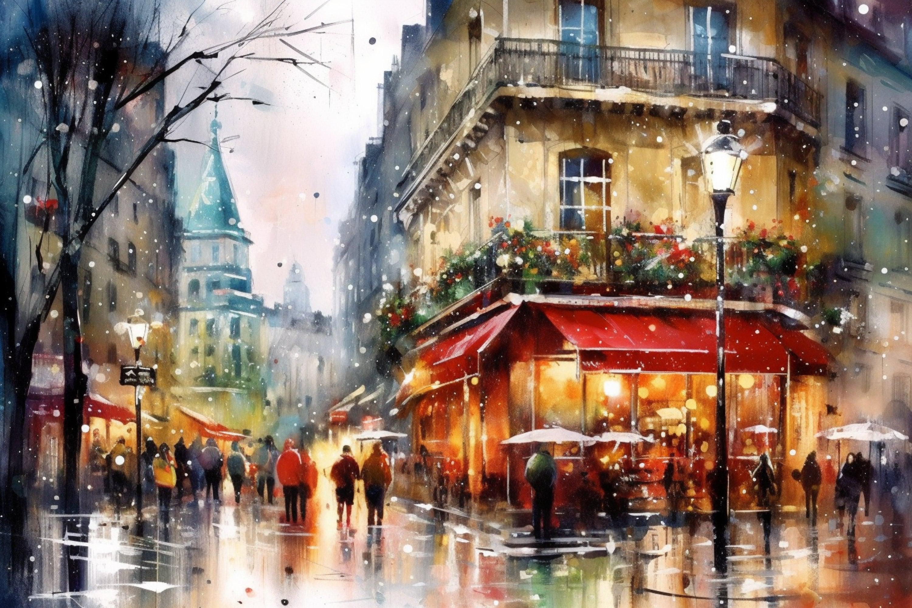Christmas Watercolor Cityscape - Paris Holiday Wall Art, Print on Canvas, Artist Paper, Watercolor Paper, Available in Extra Large Sizes