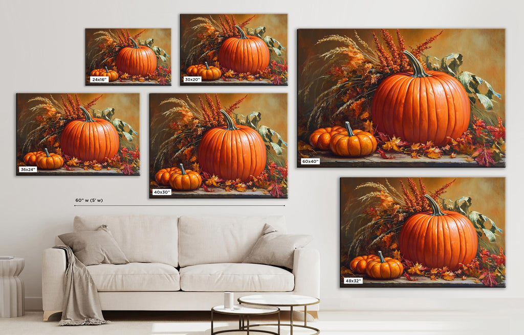 The image is a collage of five paintings depicting pumpkins and fall foliage, arranged on a wall in a living room setting.