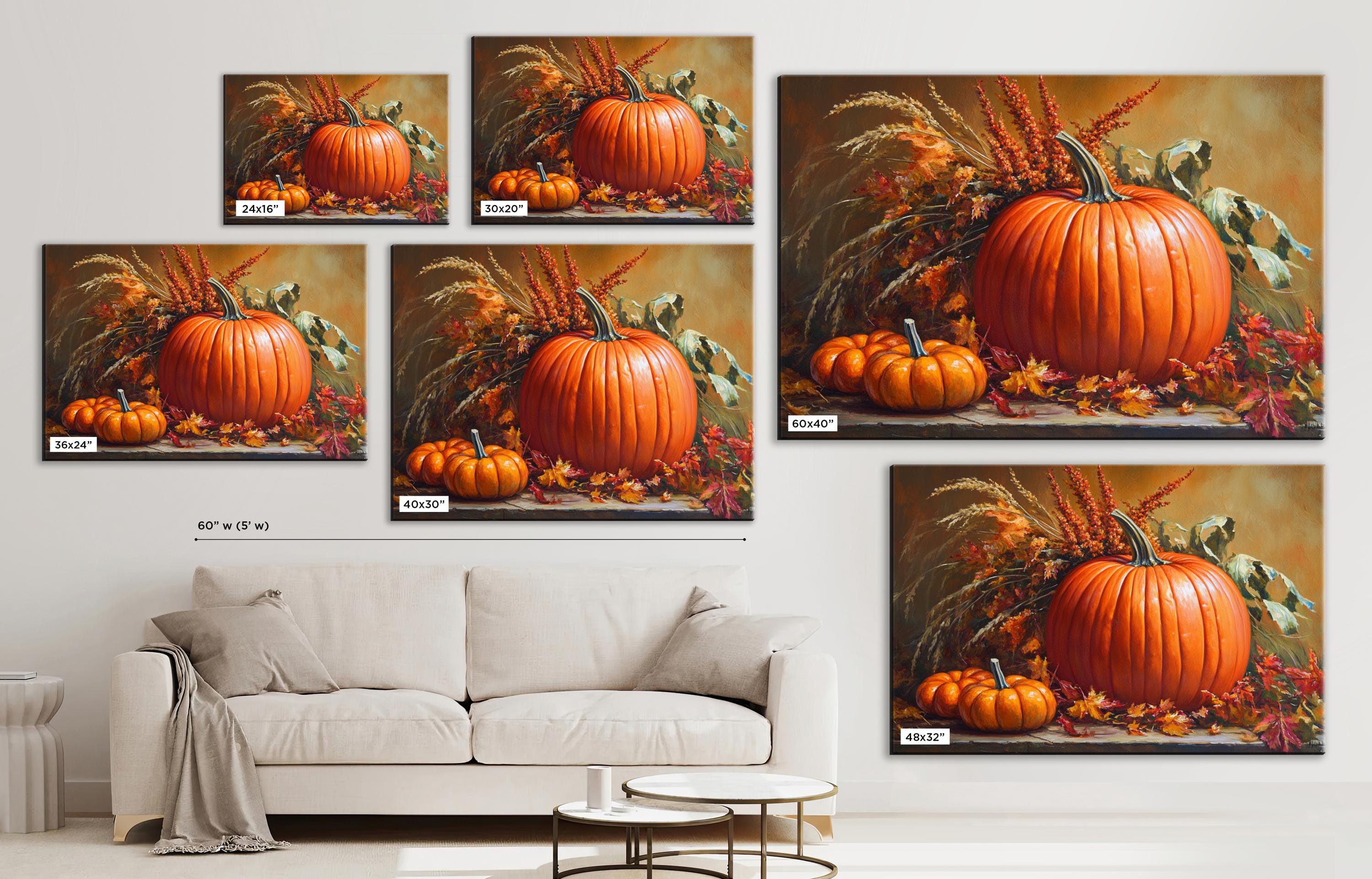 The image is a collage of five paintings depicting pumpkins and fall foliage, arranged on a wall in a living room setting.