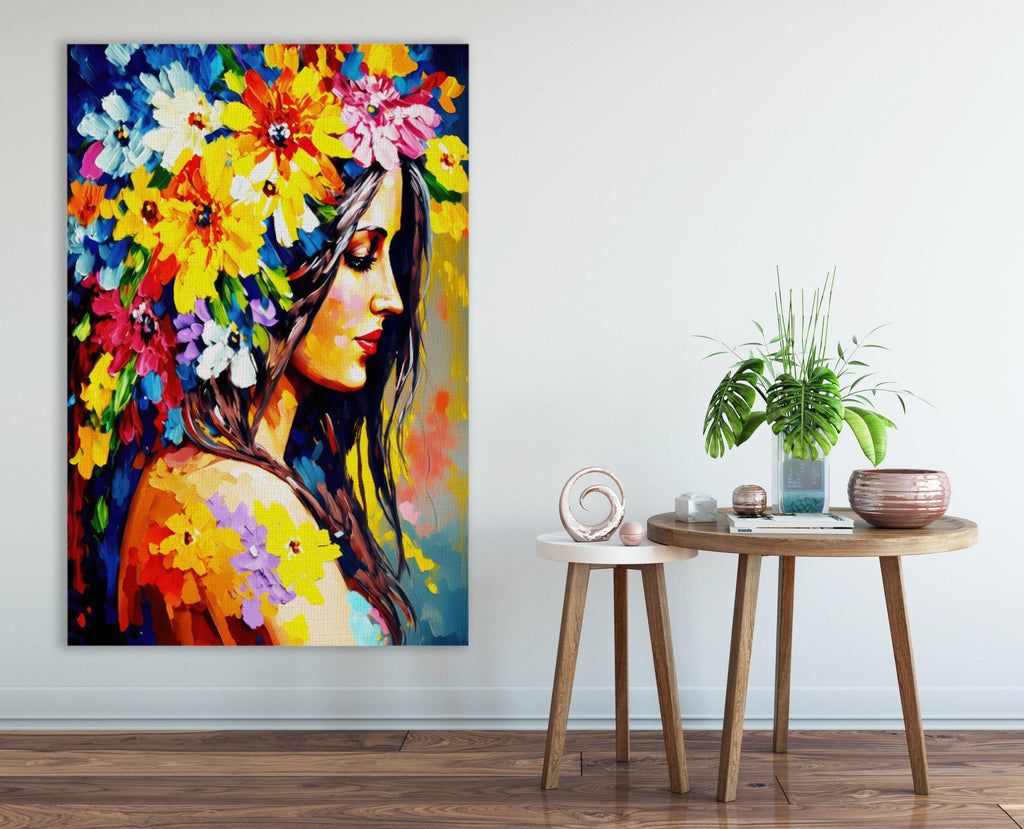 Floral Portrait Canvas - Woman Flower Hair Large Canvas Print | Feminine Home Decor