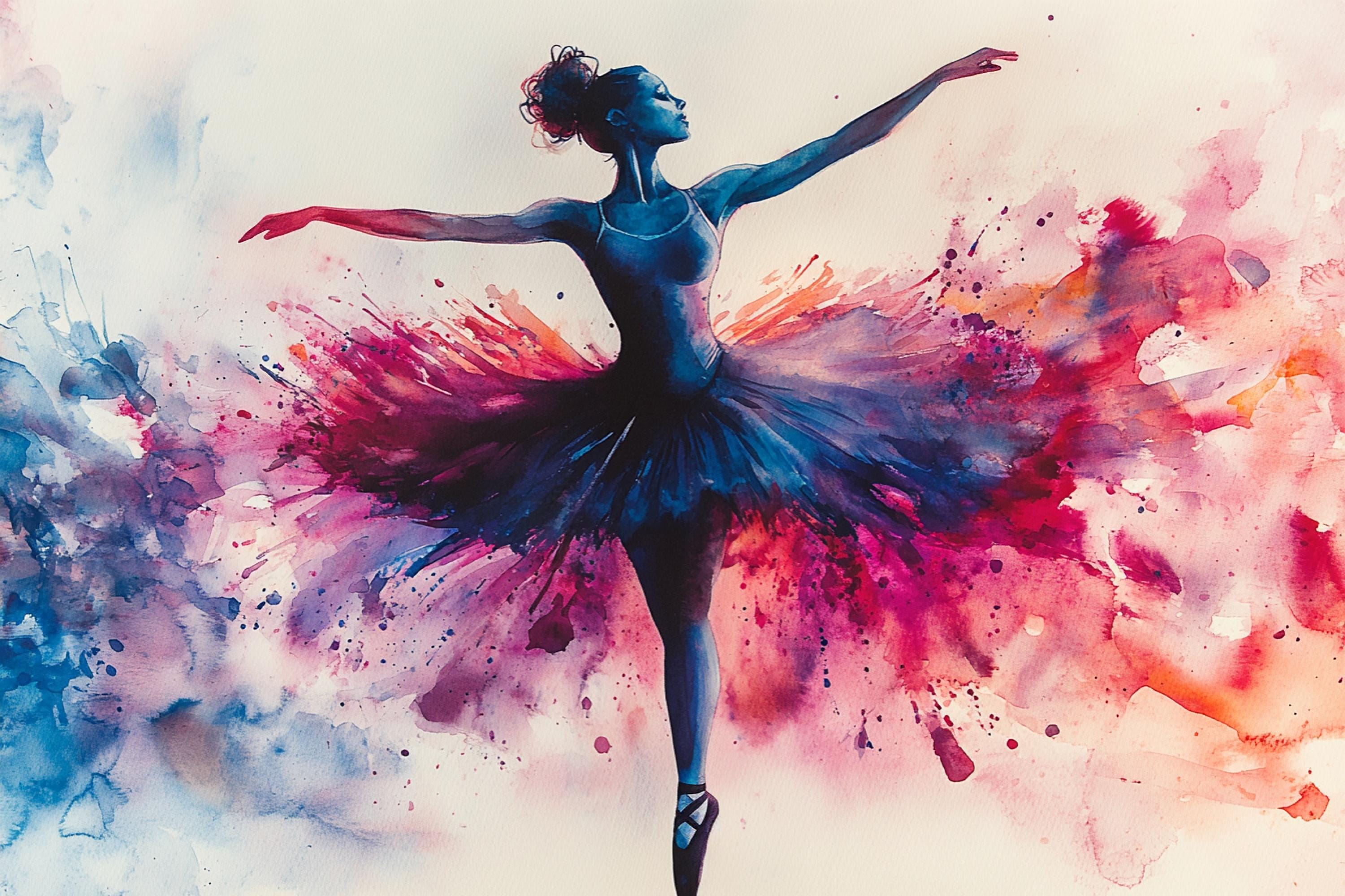 A woman in a tutu is depicted in a dynamic pose, with her arms outstretched and her body slightly tilted to the side, against a background of vibrant, colorful splashes of paint.