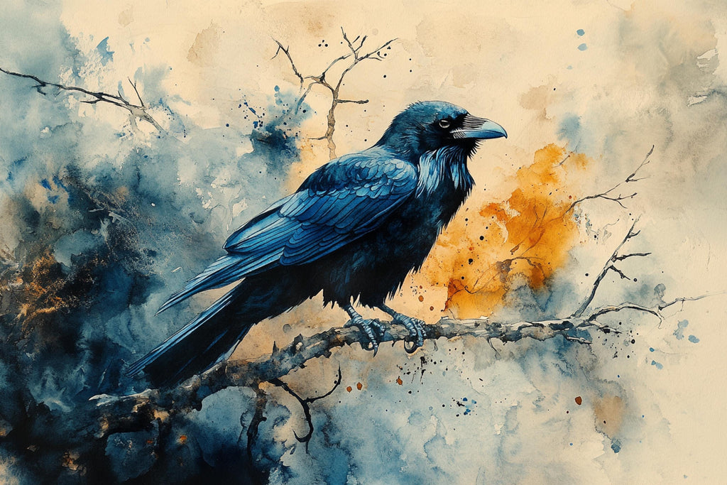 A black bird perches on a branch, its vibrant blue feathers contrasting with the muted tones of the background.