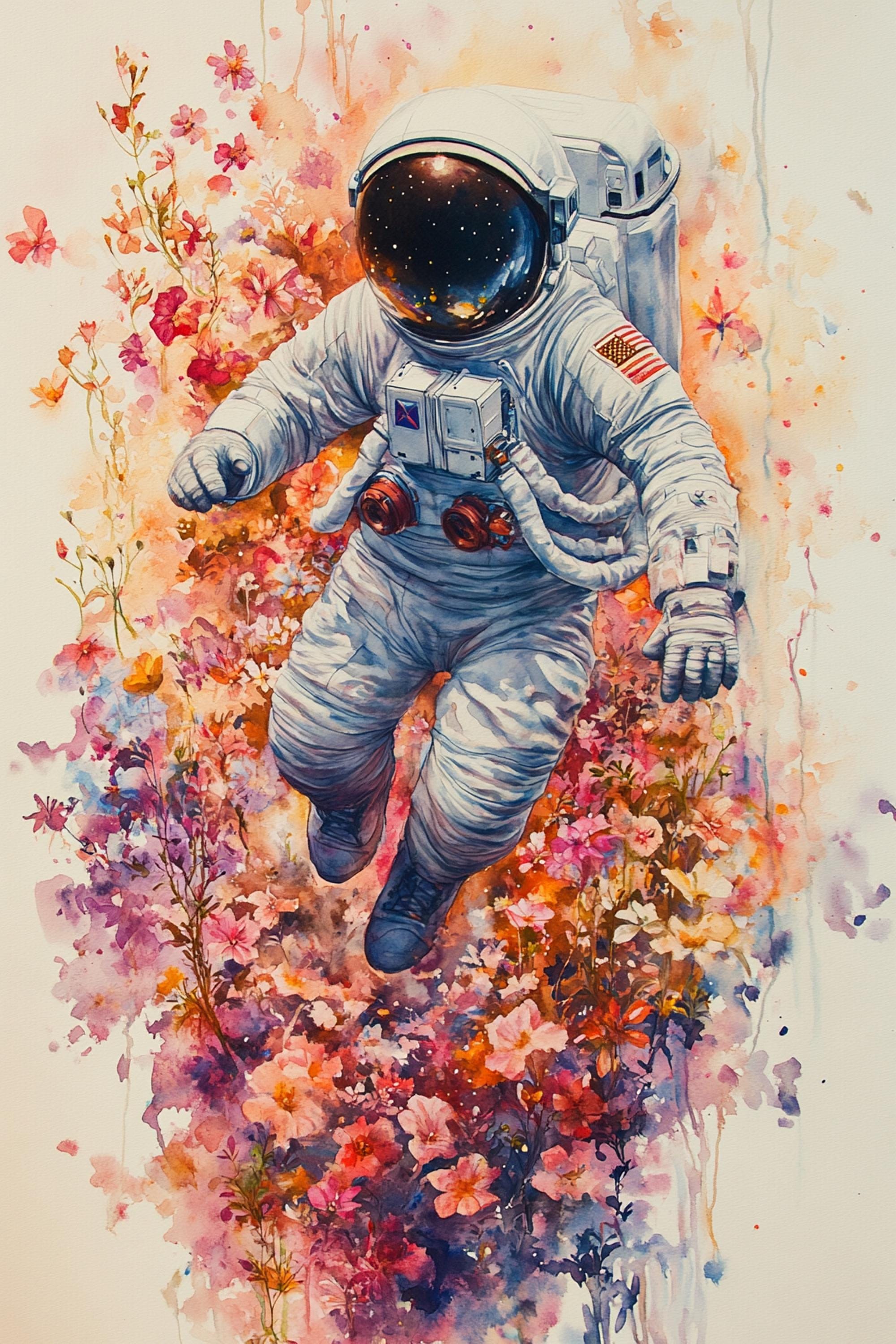 An astronaut floating in a colorful, flower-filled space, surrounded by a vibrant and lively atmosphere.