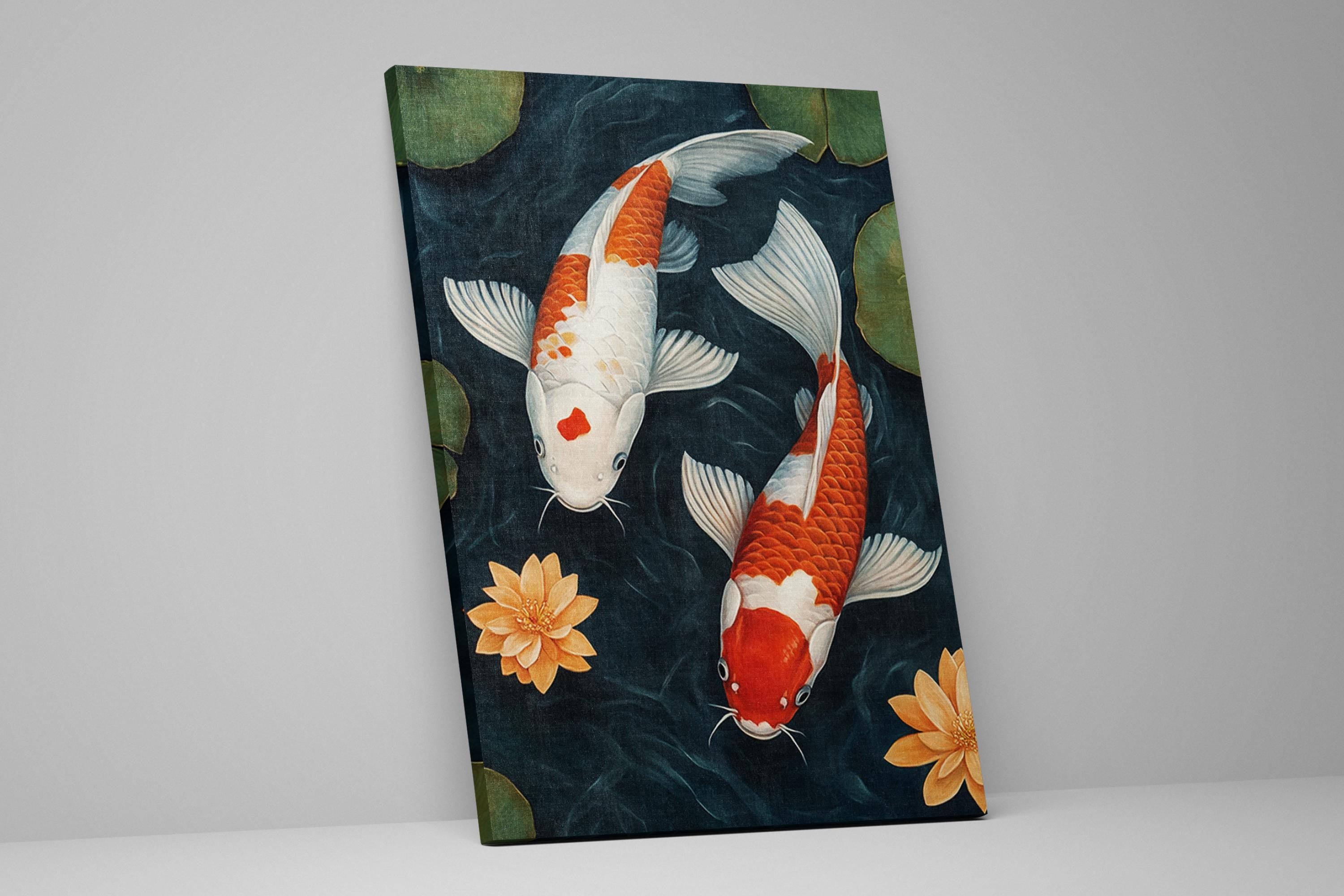 a painting of two koi fish swimming in a pond