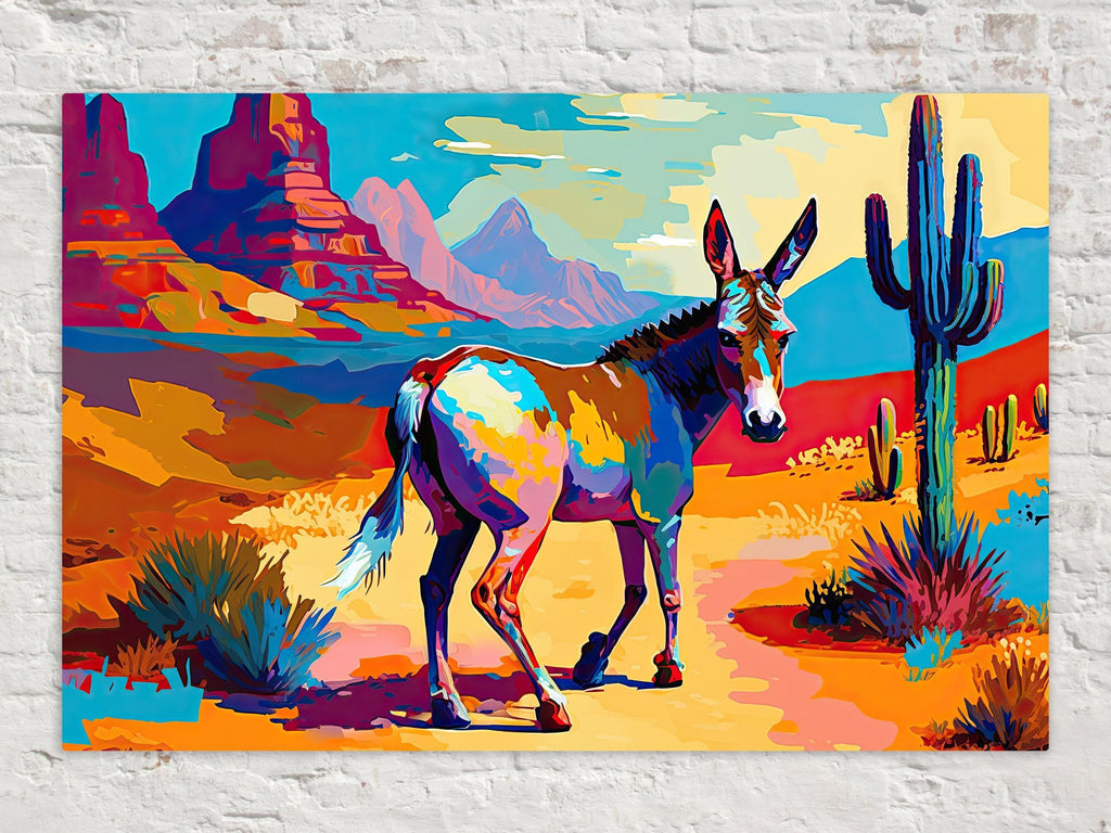 A colorful painting depicting a donkey standing in a desert landscape with mountains in the background.