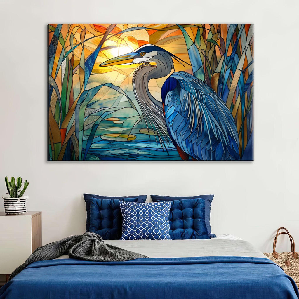 Blue Heron Canvas | Stained Glass Style Large Canvas Art - Coastal Bird Wall Decor