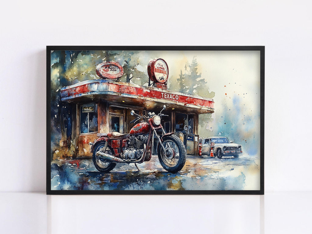 The image is a watercolor painting depicting a motorcycle parked in front of a gas station, with a car parked in the background.