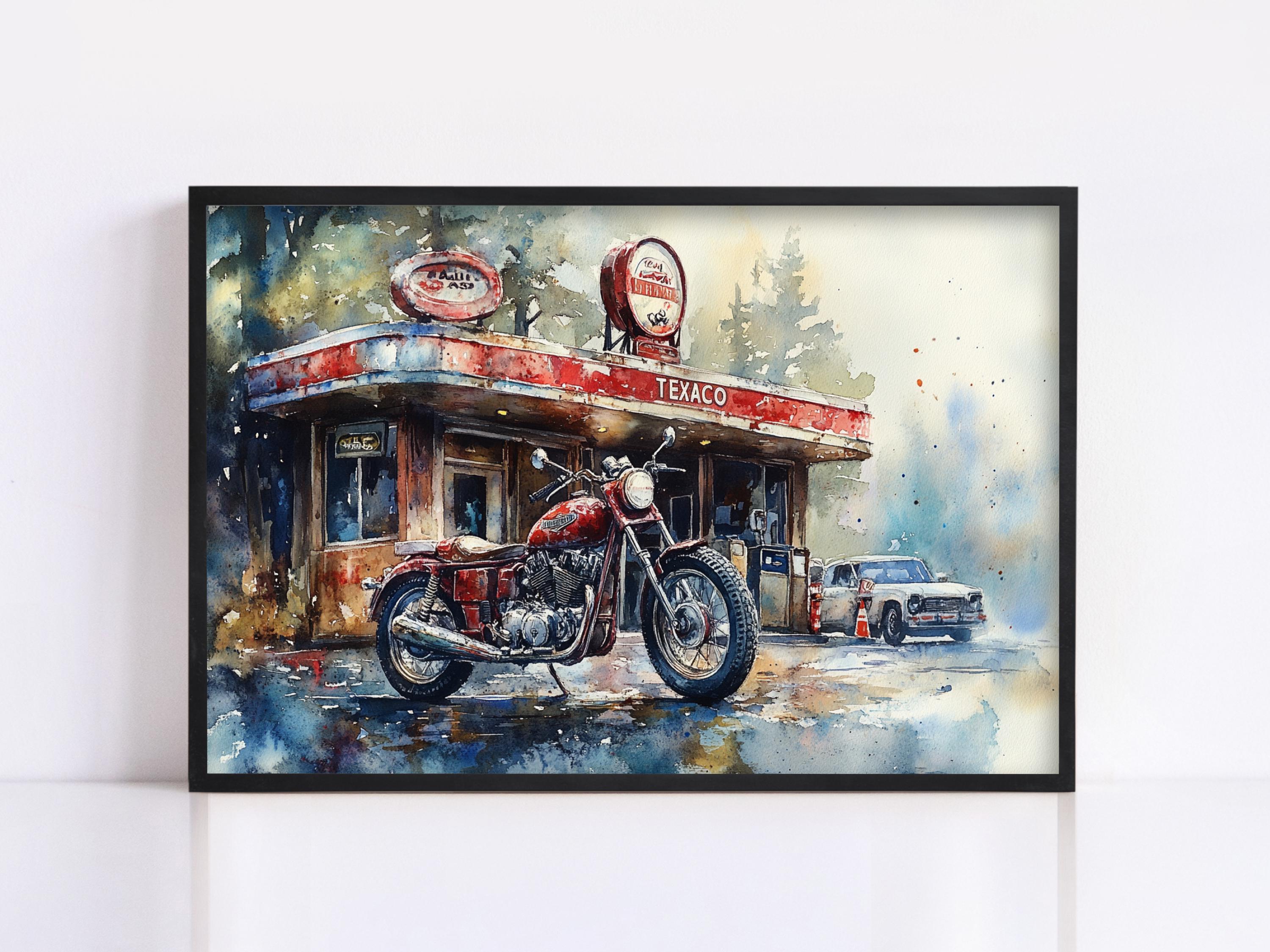The image is a watercolor painting depicting a motorcycle parked in front of a gas station, with a car parked in the background.