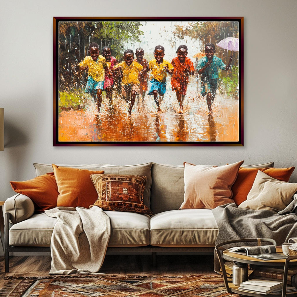 a living room with a couch and a painting on the wall