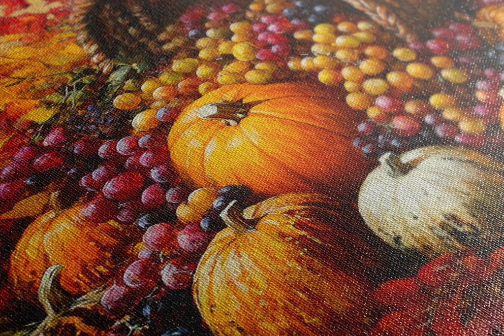 The image is a close-up of a vibrant autumnal still life, featuring a variety of fruits and vegetables such as pumpkins, grapes, and apples.