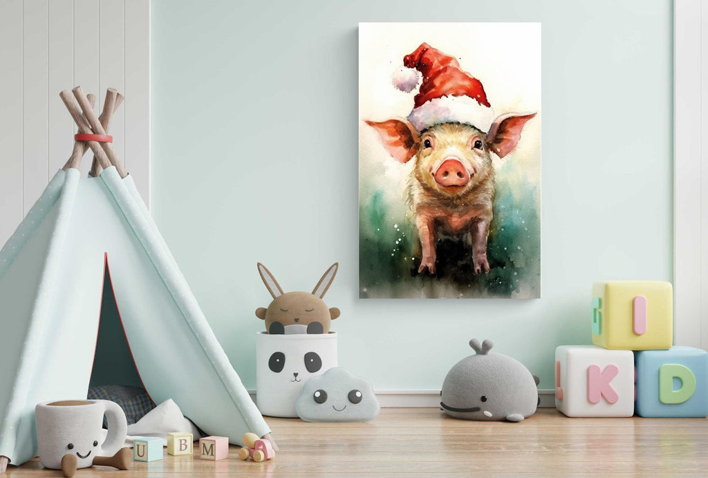 Festive Pig in Santa Hat Watercolor -  Christmas Art, Giclee Print on Canvas, Artist Paper, Watercolor Paper, Available in Extra Large Sizes