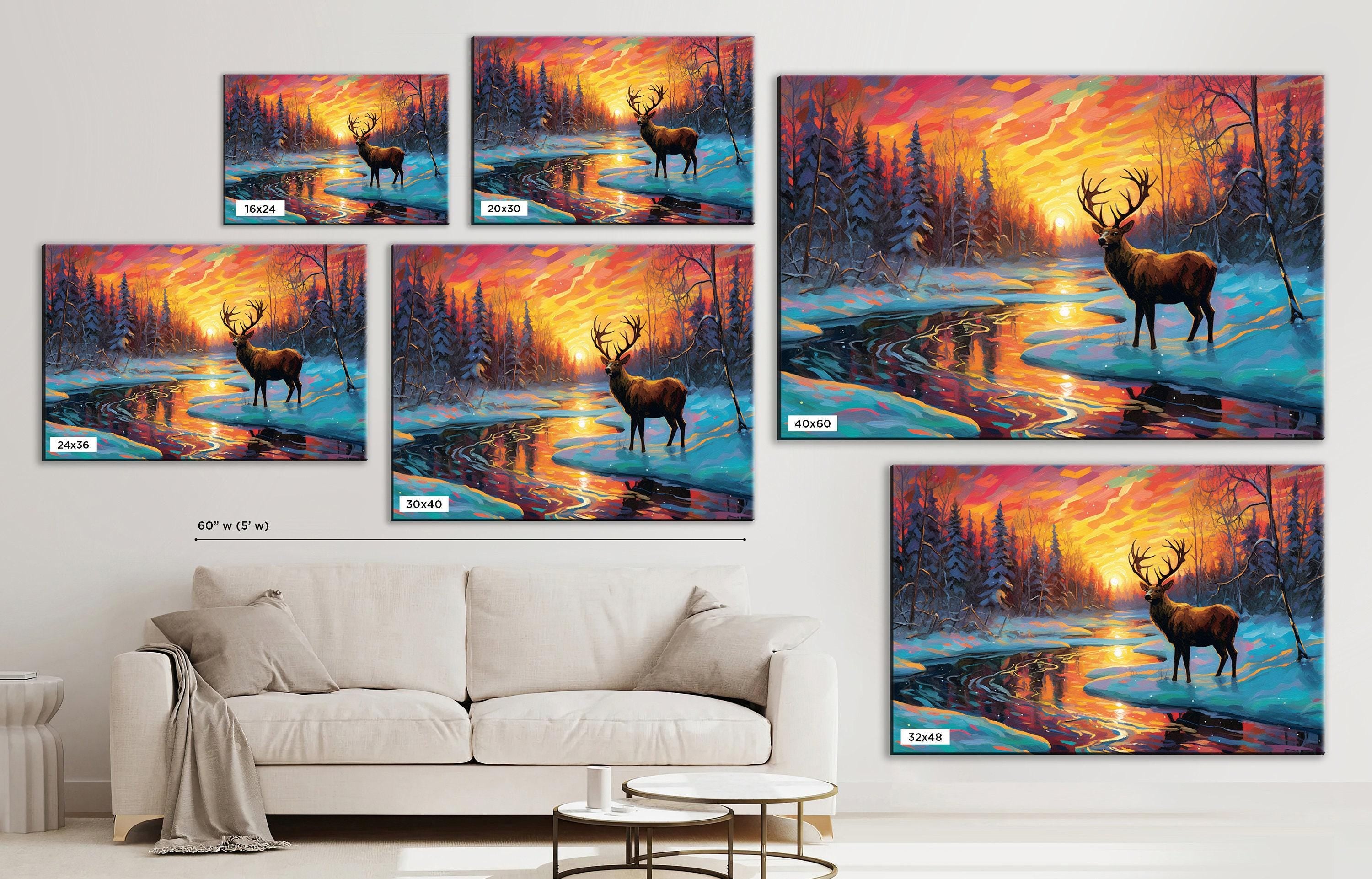 Winter Deer Sunset Art – Vibrant Snowy River Painting on Gallery Wrapped Canvas