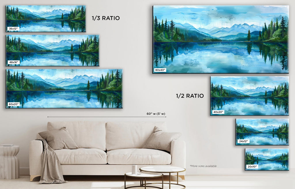 a living room with a white couch and paintings on the wall