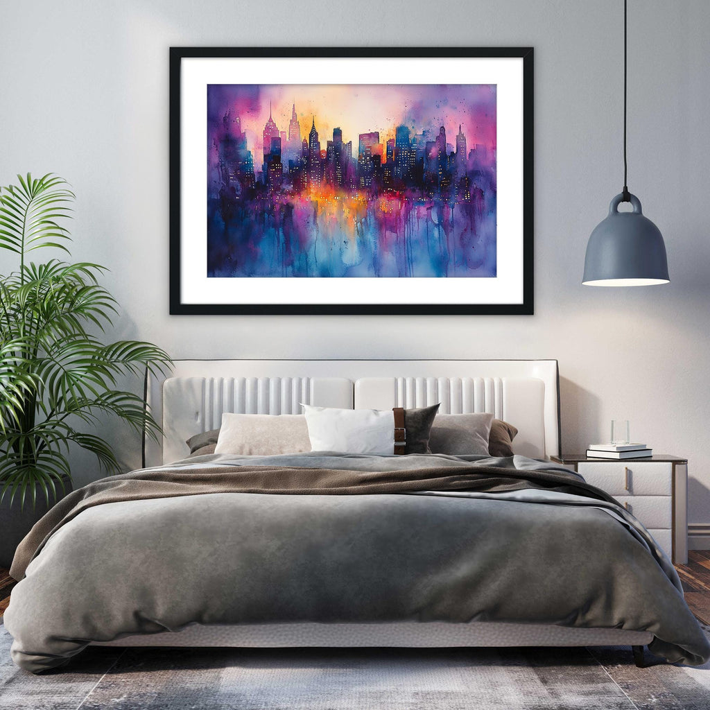 a bedroom with a large bed, a framed painting of a city skyline hanging above it, and a potted plant to the left.