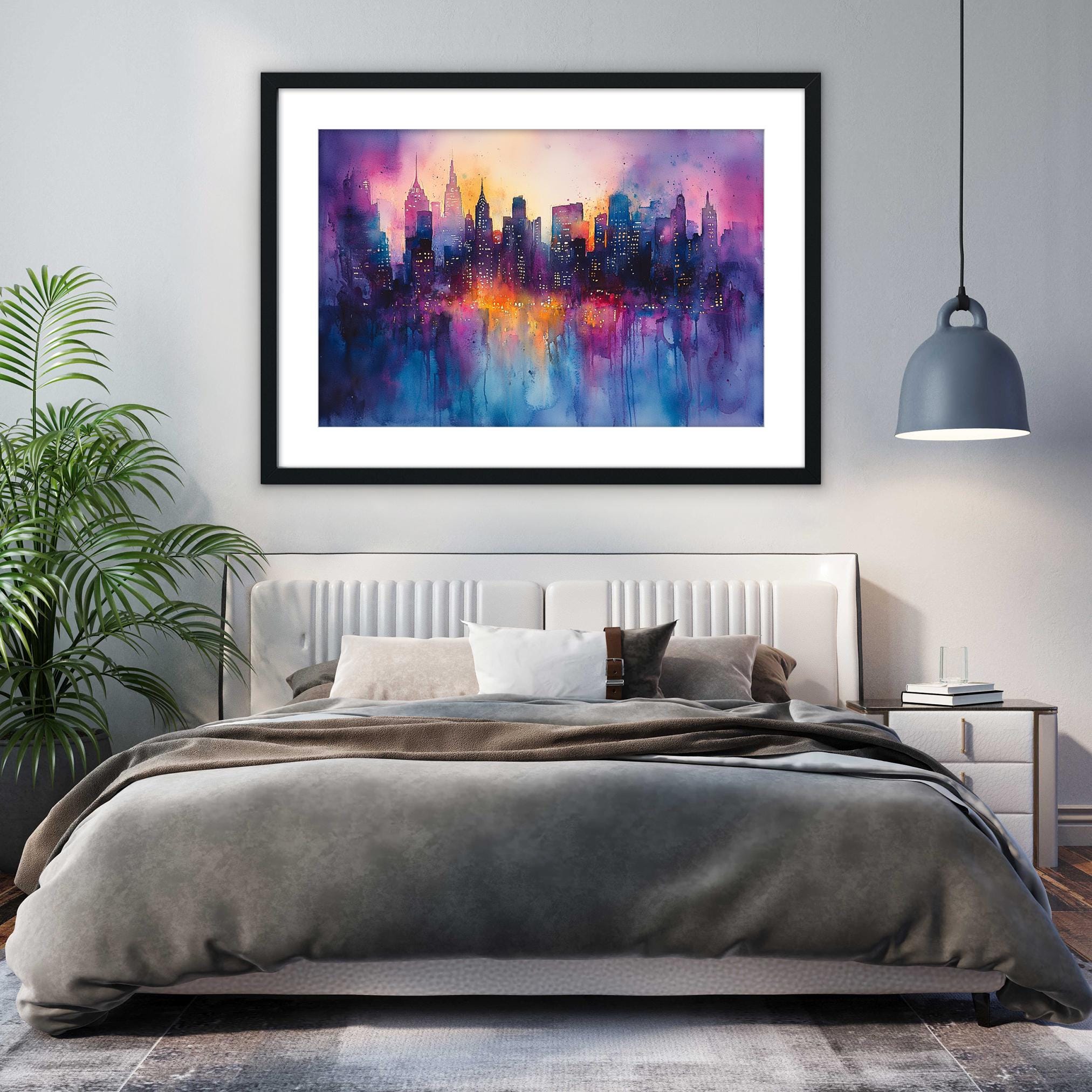 a bedroom with a large bed, a framed painting of a city skyline hanging above it, and a potted plant to the left.