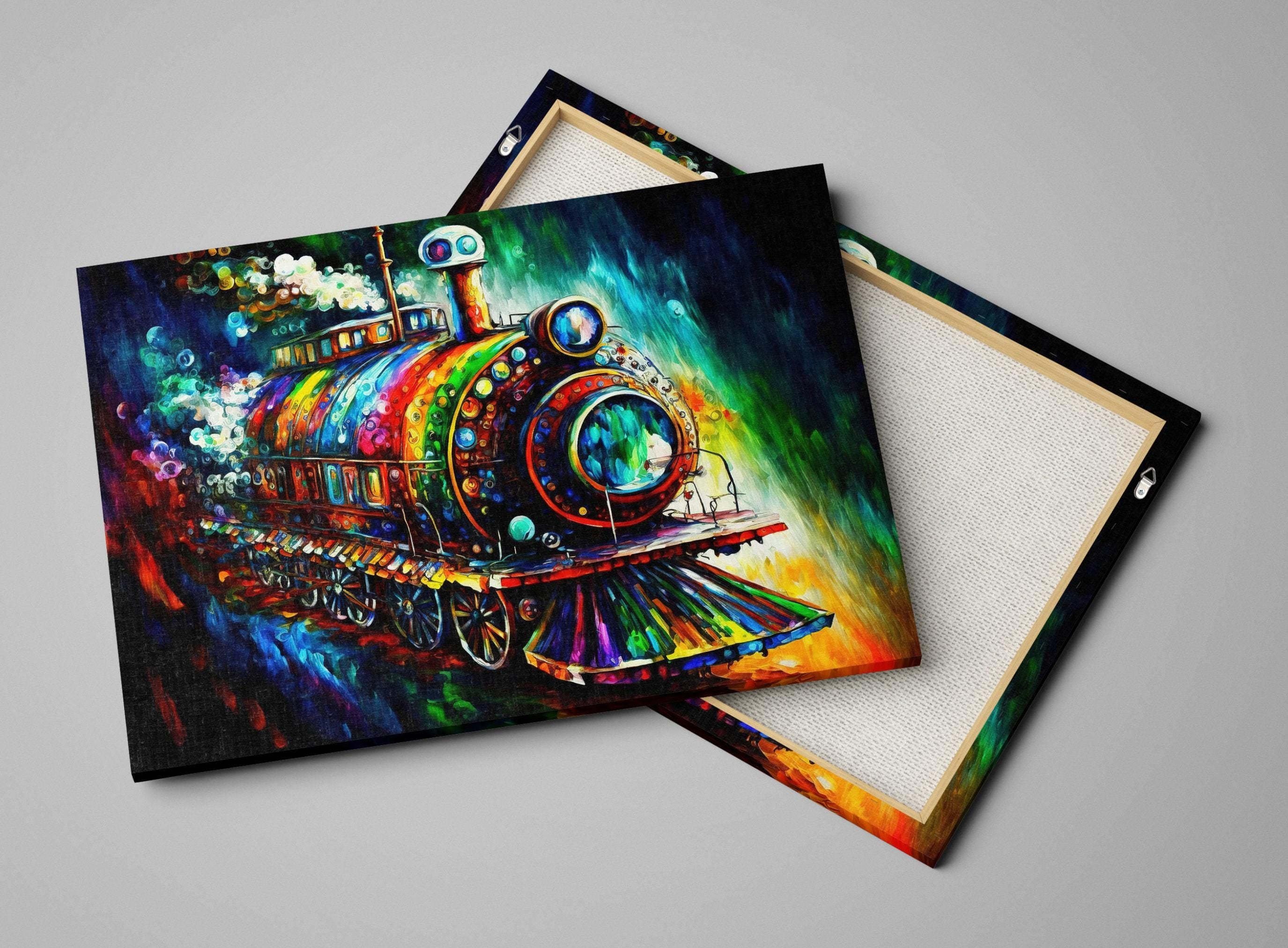 Steampunk Train Art – Colorful Locomotive Canvas with Vibrant Steam Engine Artwork
