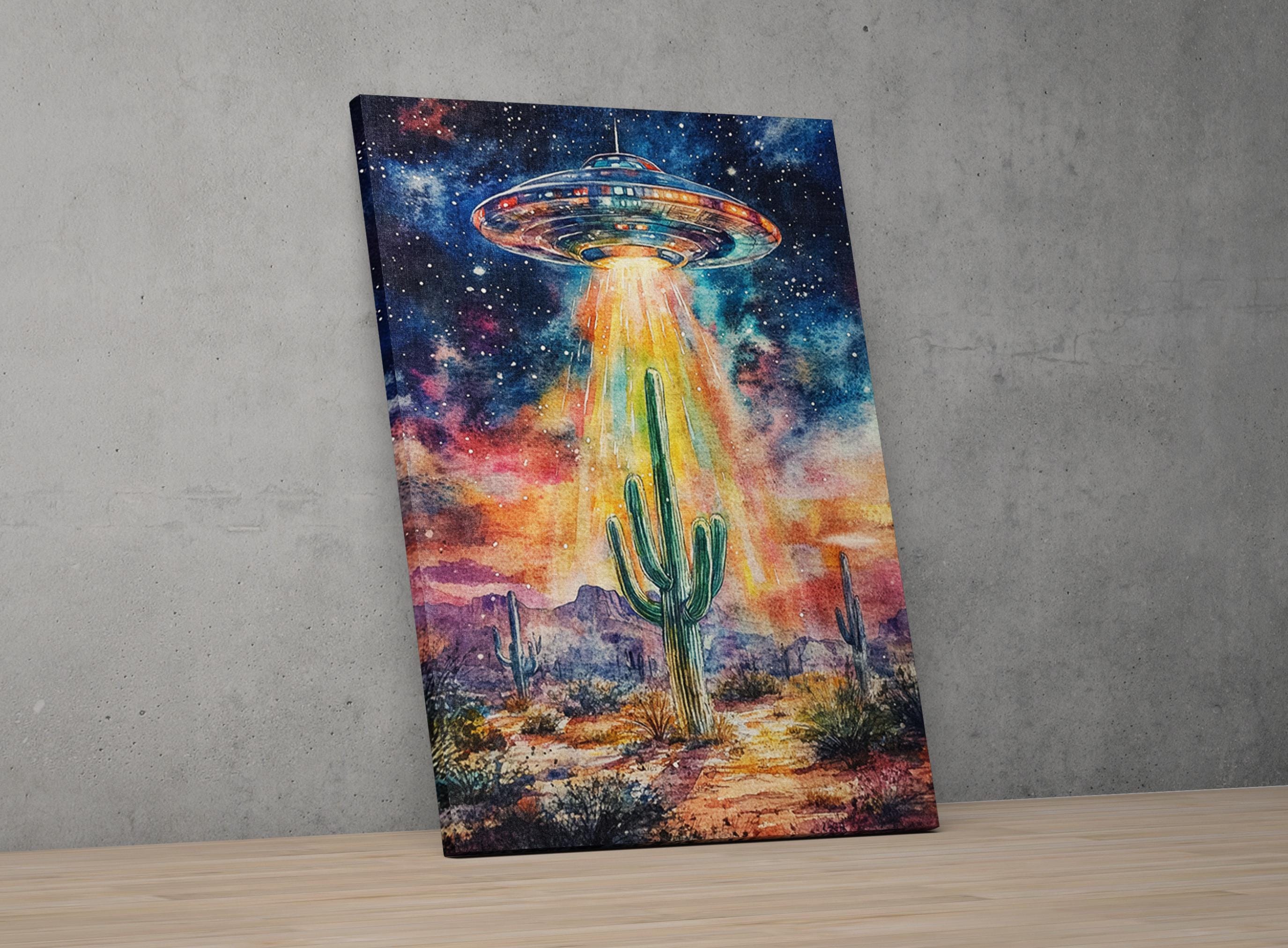 The image is a vibrant painting depicting an alien spacecraft hovering over a desert landscape with cacti and mountains in the background, under a starry night sky.