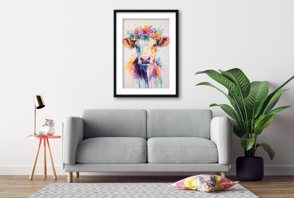 a gray sofa, a framed painting of a cow with a colorful flower crown, a small table with a lamp, and a potted plant, all arranged in a cozy living room setting.