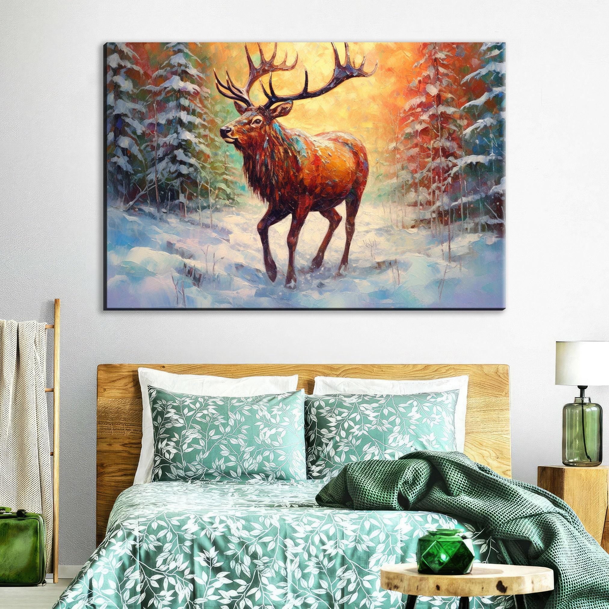 Reindeer Wall Art - Rustic Christmas Canvas Art | Extra Large Gallery Wrapped Holiday Decor