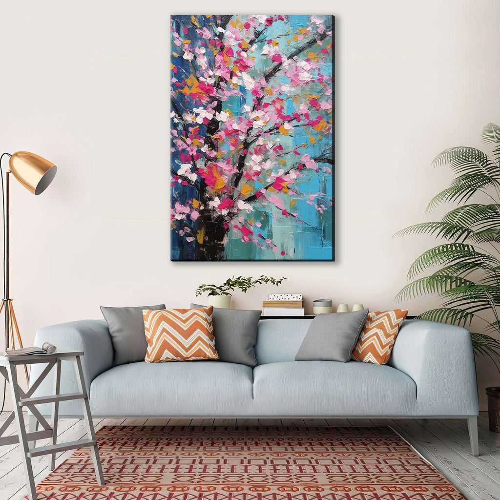 Cherry Blossom Canvas – Large Canvas Art | Abstract Floral Wall Decor in Pink & Blue