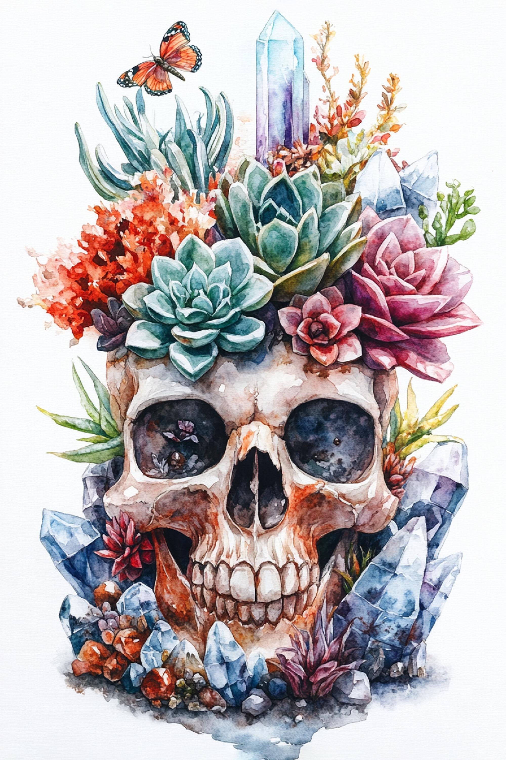 A watercolor painting depicting a skull surrounded by a variety of colorful plants, flowers, and crystals, creating a vibrant and intricate composition.