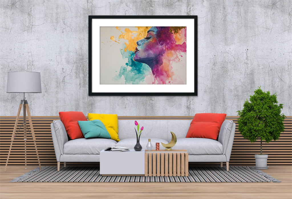 a modern living room with a gray sofa, a wooden coffee table, and a framed abstract painting hanging on the wall above the sofa.